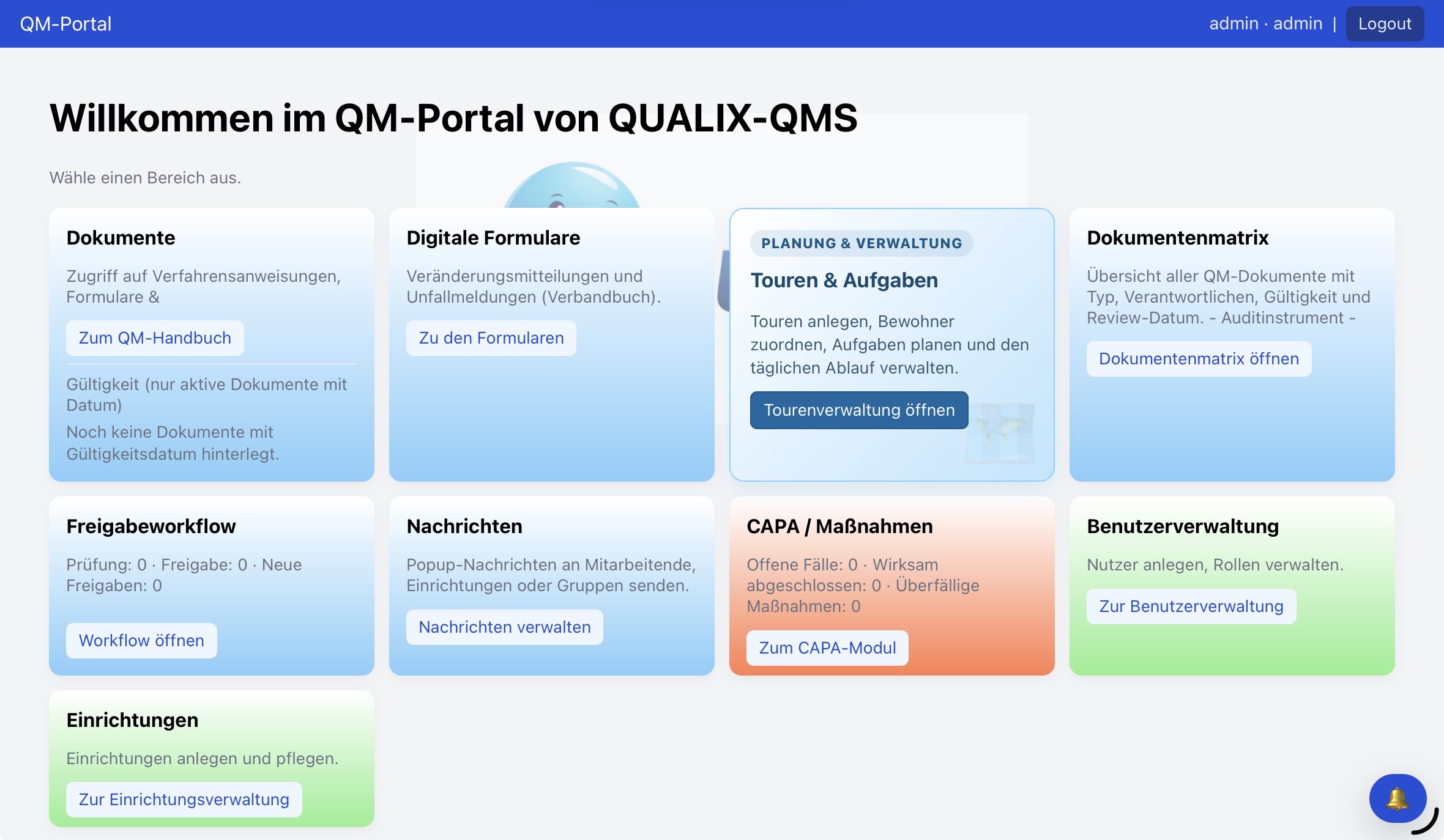 QUALIX-QMS Dashboard mit Dokumenten, digitalen Formularen, Touren und Aufgaben, Dokumentenmatrix, Freigabeworkflow, Nachrichten, CAPA, Benutzerverwaltung und Einrichtungen